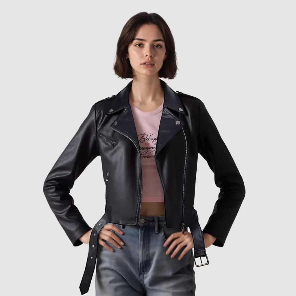 Women's black short PU leather biker jacket with an adjustable waist belt, shown on a hanger.