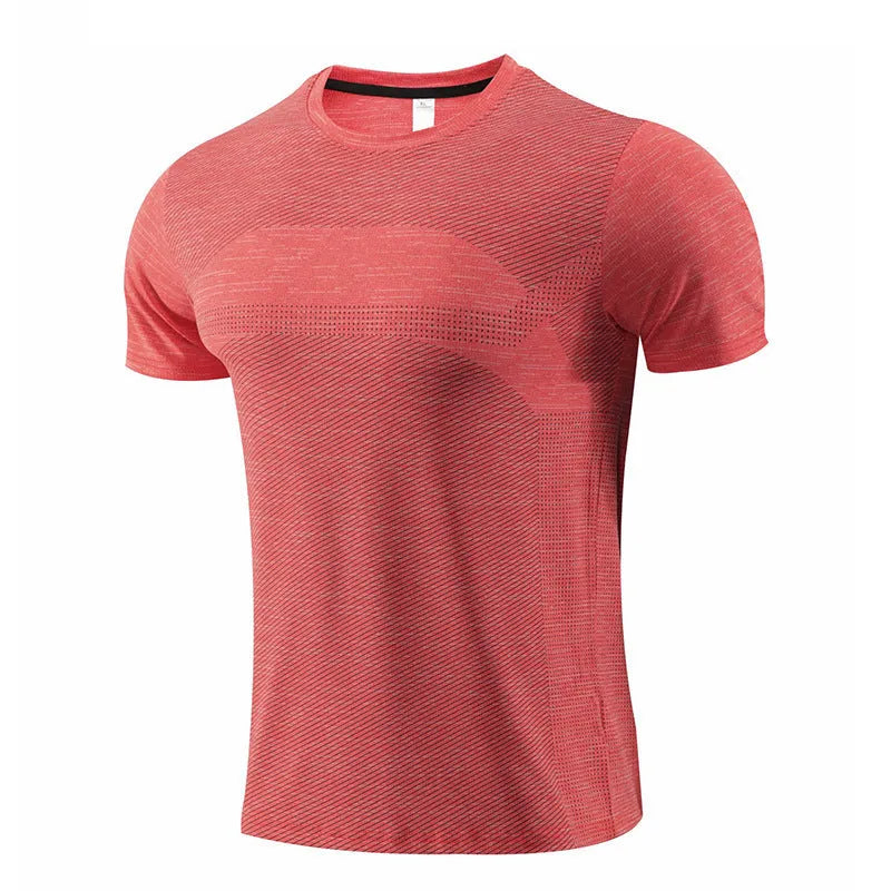 Short-sleeved red running t-shirt made from polyester spandex fabric, laid flat.