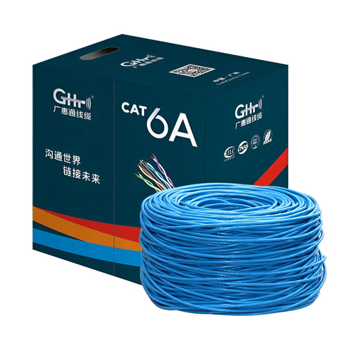 305-metre drum of blue Cat 6 oxygen-free copper gigabit network cable with specifications label.