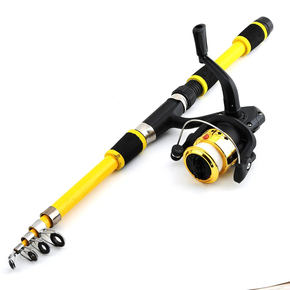 Children's blue telescopic fishing rod and reel combo with bait accessory box on grass