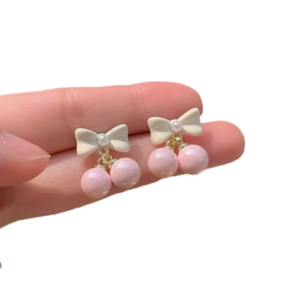 Pink bow shape heart pearl earrings for women alloy electroplated