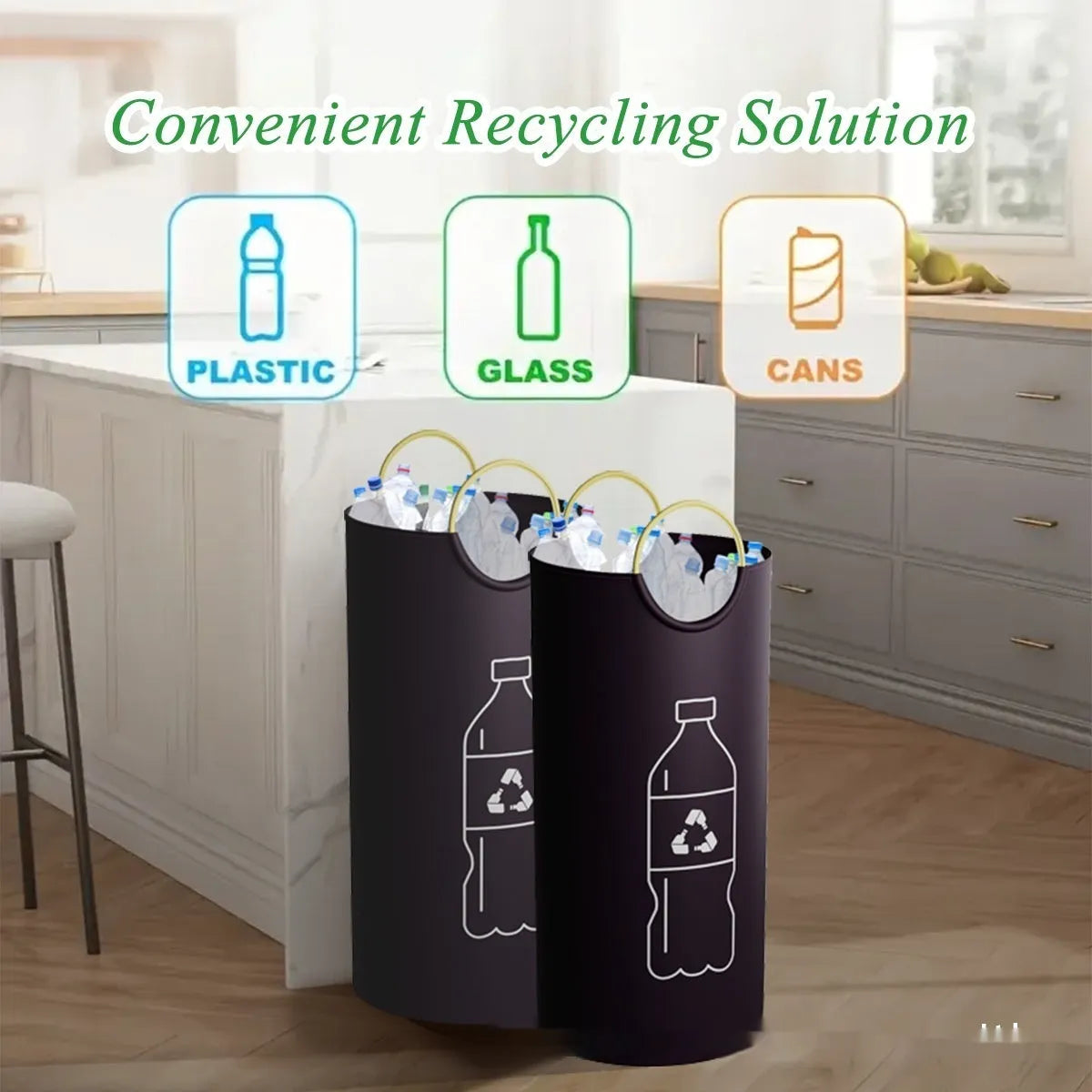 Round portable plastic trash can with a choice of plain or patterned finish, showing dimensions of 38cm wide by 72cm tall.
