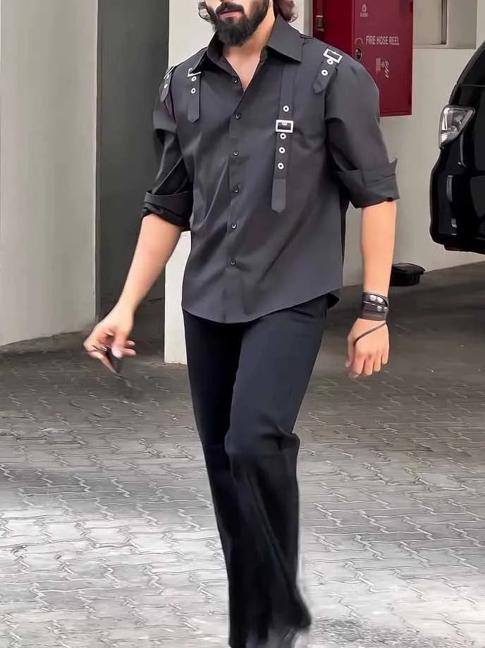 Men's black utility button-up shirt with regular fit on a model.