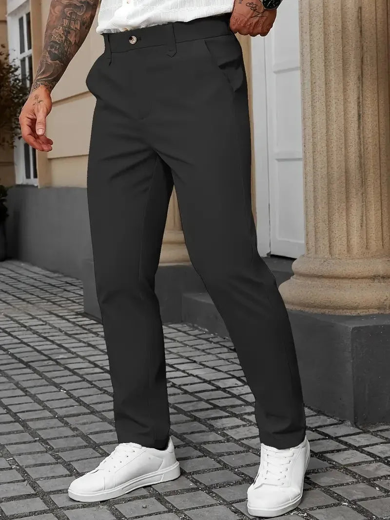 Men's straight leg polyester trousers in four colours: black, apricot, white and grey