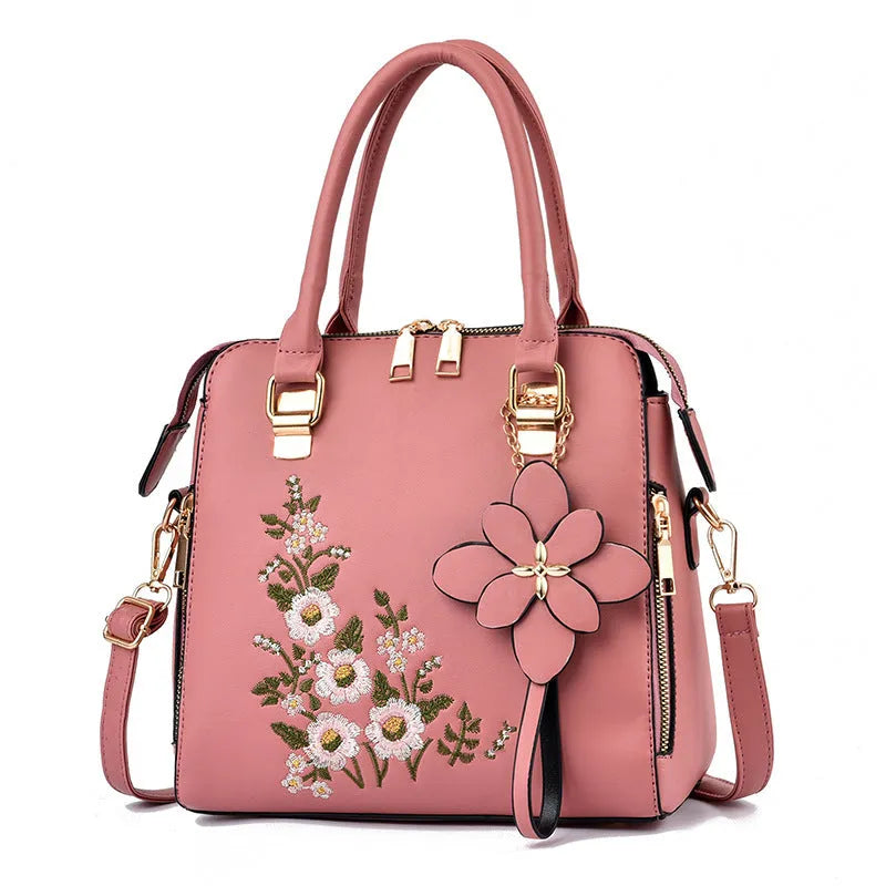 Large embroidered flower handbag for women in horizontal square shape with zipper closure and single strap