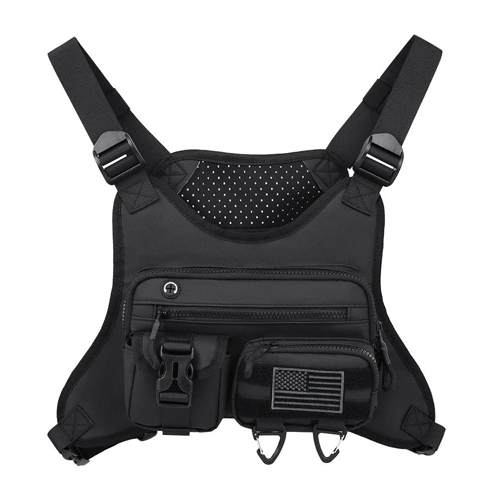 Outdoor sports chest bag designed as a breathable vest in Oxford cloth, shown in black.
