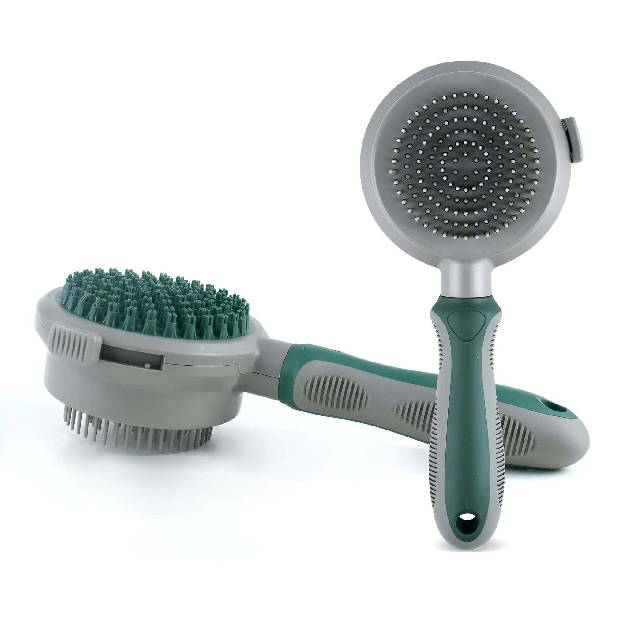 Green and pink two-sided silicone pet grooming brush with slicker brush and massage head on a white background