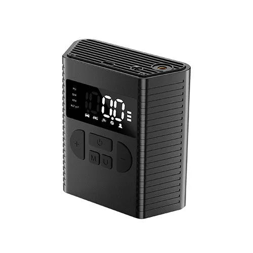 Wireless portable car tyre inflator pump with LED light and storage bag on a grey background.