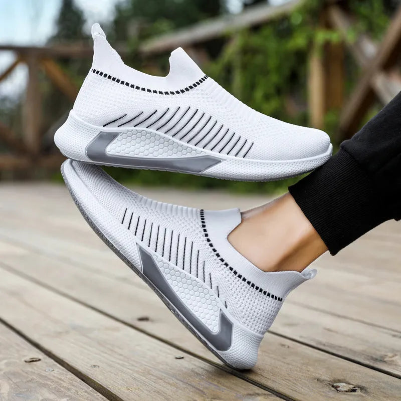 Men's striped mesh sock shoes with flyknit upper and lace-up front in multiple colour options