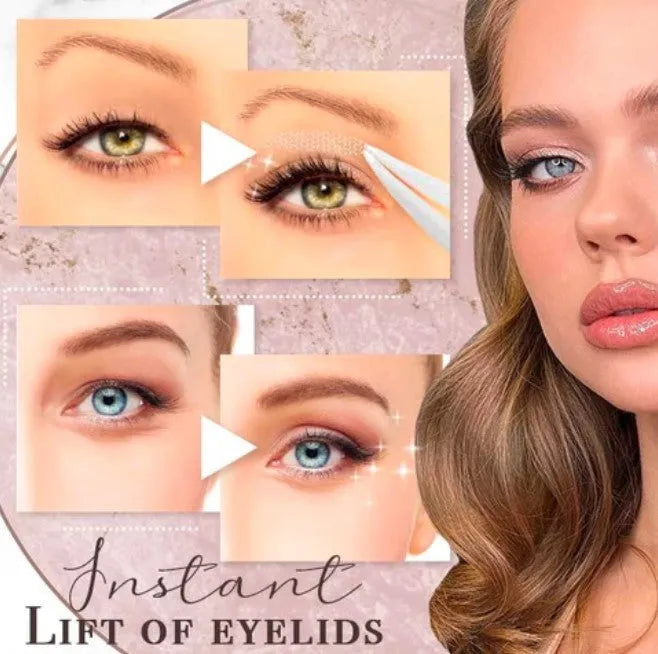 Box of no glue eyelid stickers in three sizes L, M, S on a non-woven fabric strip.