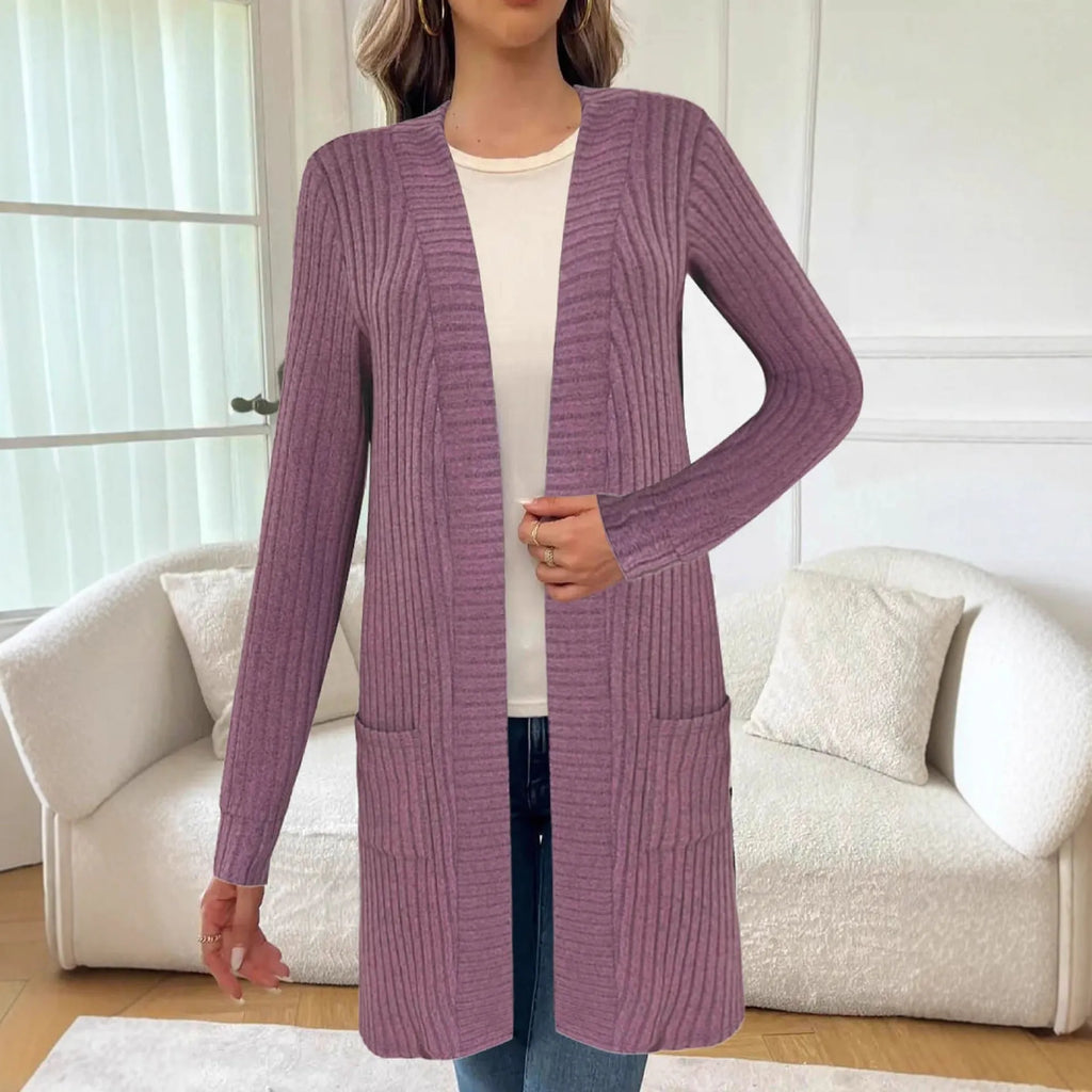 A loose-fitting long sleeve cardigan jacket with pockets, shown in black, wine red, and grey colour options.