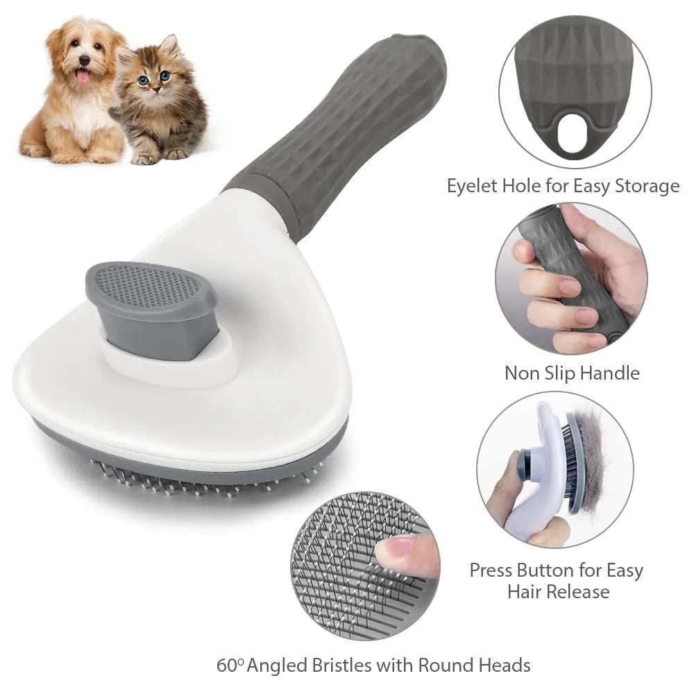 Blue cat grooming brush with a release button and fine wire bristles for removing loose fur.