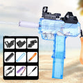 Uzi electric burst water gun toy with transparent design showing internal components