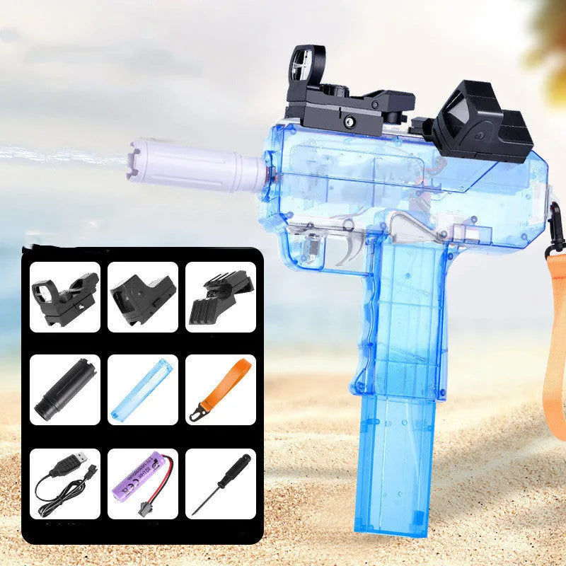 Uzi electric burst water gun toy with transparent design showing internal components