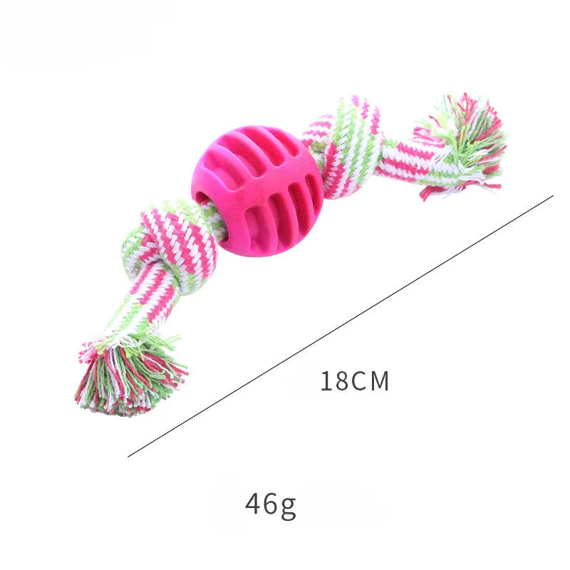 Blue molar-shaped nylon dog chew toy with green rope arms on a white background