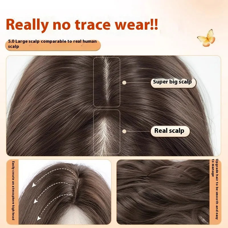 Full-head long curly artificial hair wig with side bangs in brown colour options