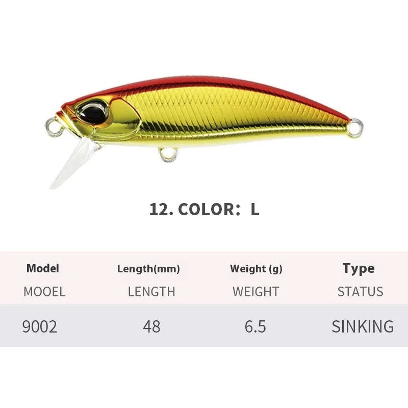 48mm mino fishing lure for snakehead and mandarin fish in various colours.