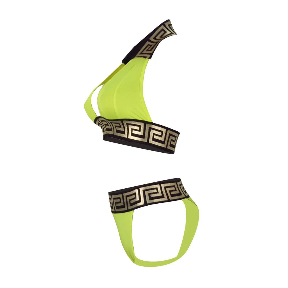 Printed bikini two piece swimsuit in polyester with no chest pad, available in five colours, Asian sizing S-XL