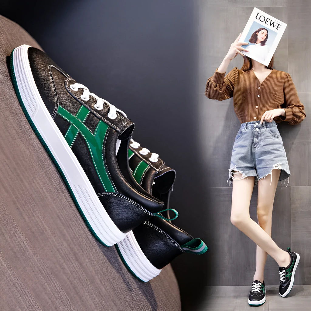 Women's black and white cowhide leather sneakers with elastic band fastening and rubber soles