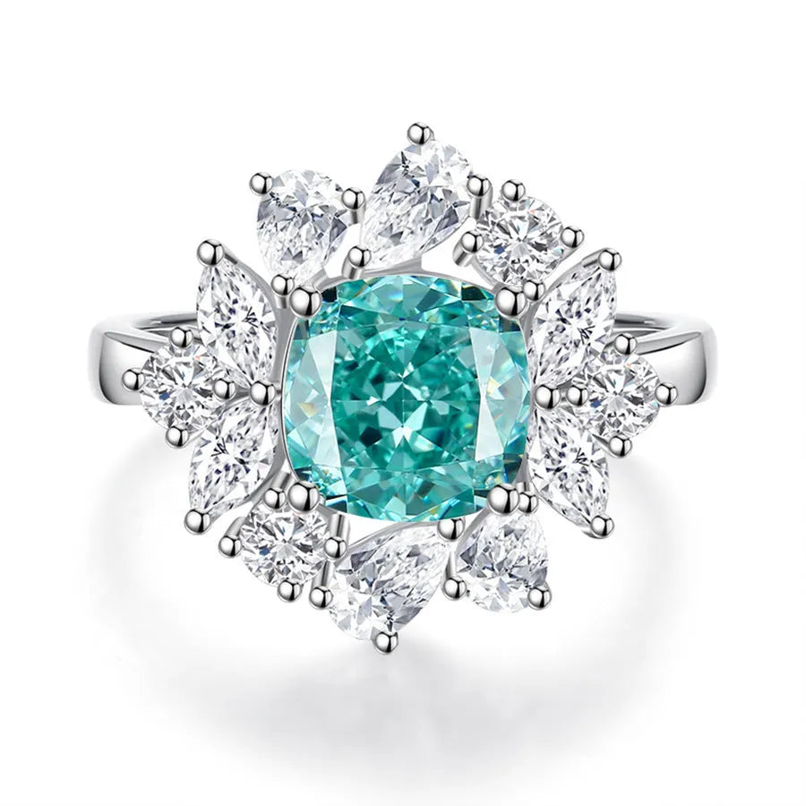 S925 sterling silver women's ring with ellipse emerald and inlaid high carbon diamond in geometric setting.