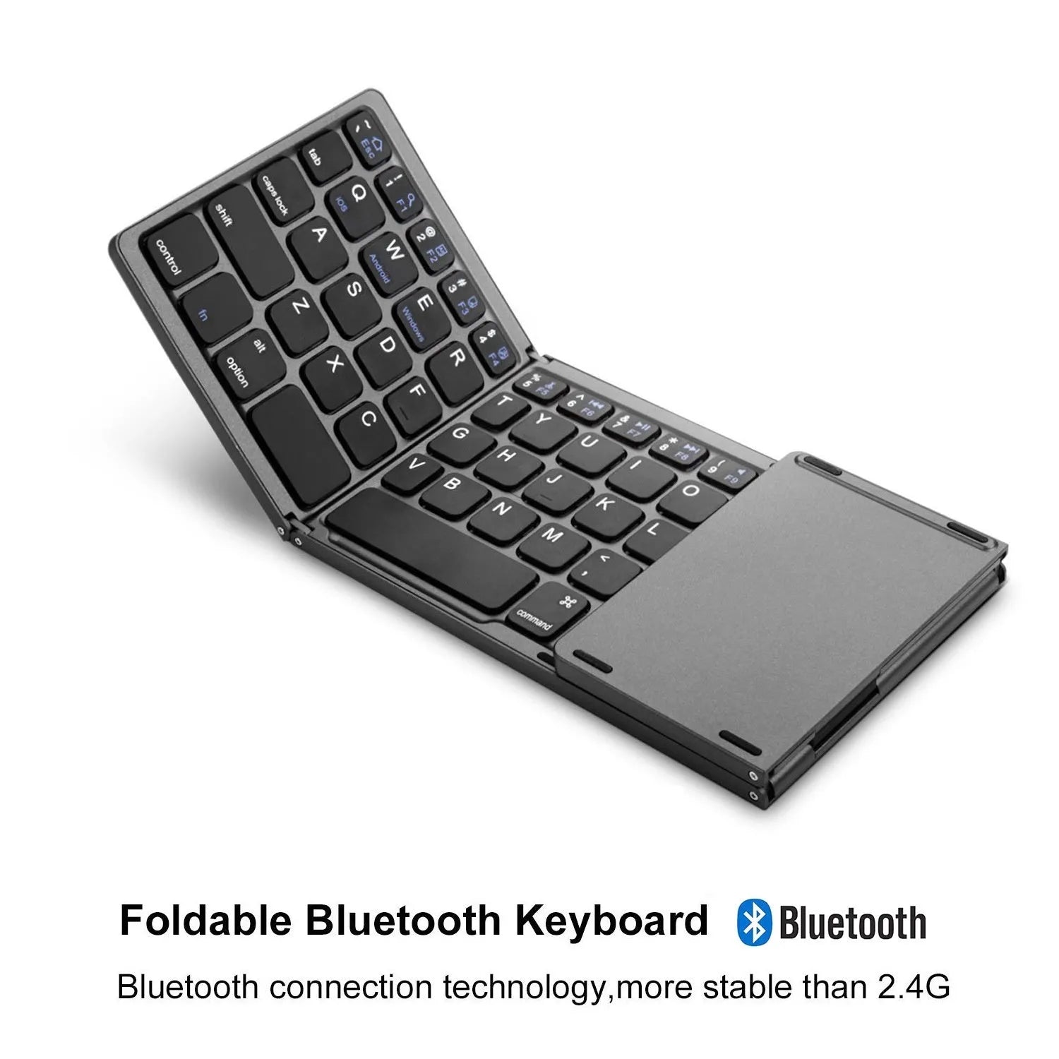 Tri-fold Bluetooth keyboard shown in black colour with dimensions 30.2 x 9.7 x 0.8cm