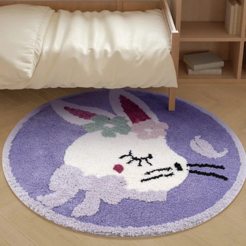 Round children's carpet with rabbit print, polyester, 80cm diameter, anti-slip, forest green