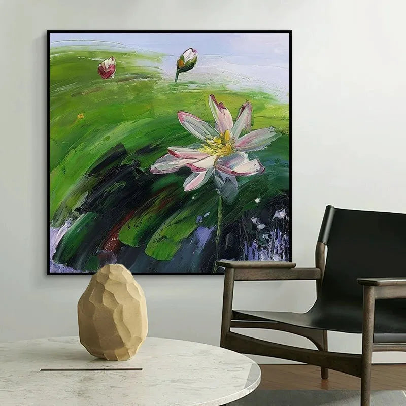 Hand painted square oil painting of a countryside landscape with lotus flowers on canvas, unframed wall art