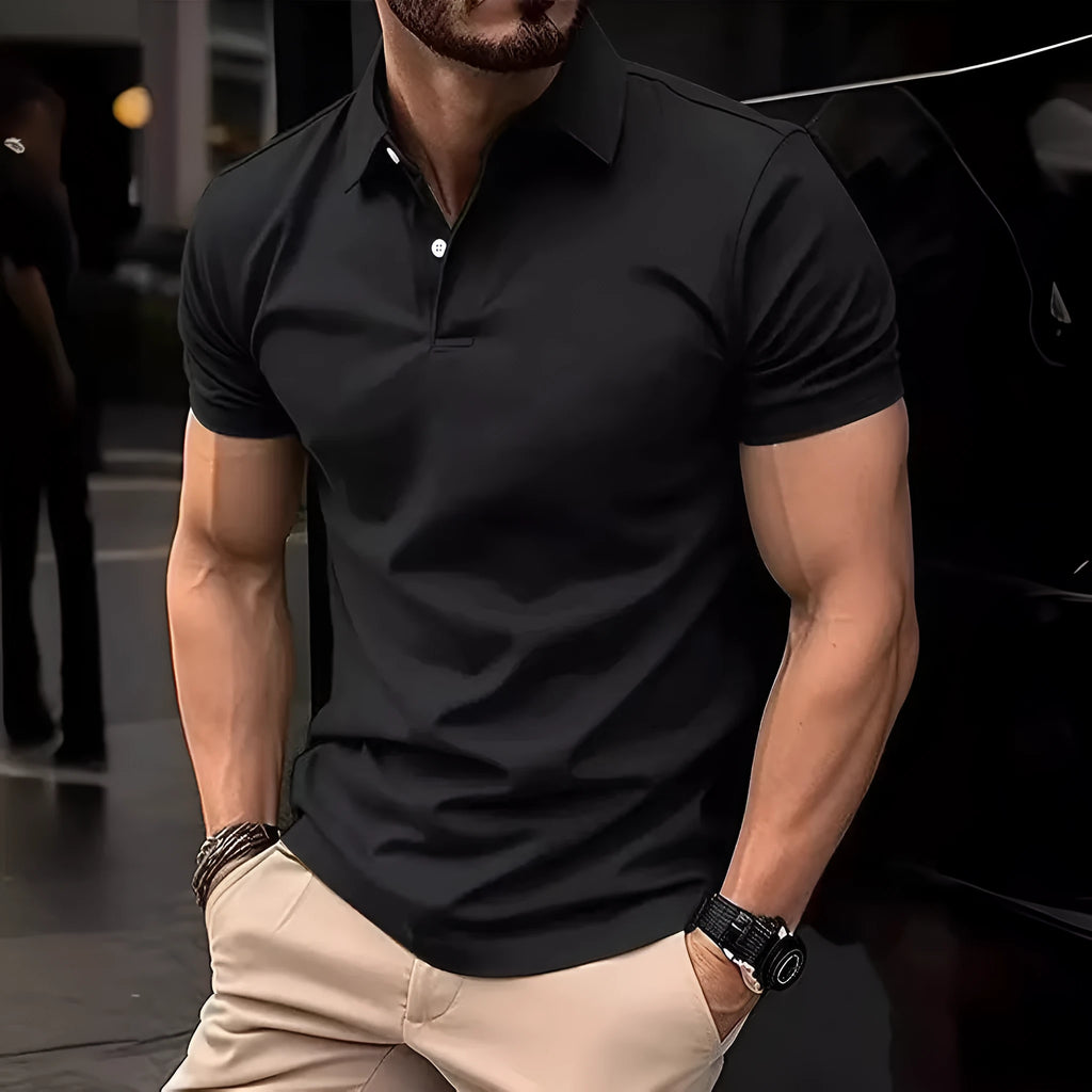 Men's solid colour short sleeve button-down shirt in slim fit on a hanger.