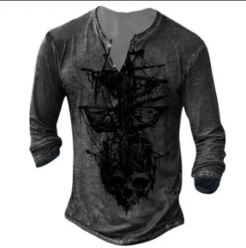 Men's casual 3D digital print long sleeve V-neck T-shirt in polyester Birdseye fabric, colour 7KCT1161, shown flat