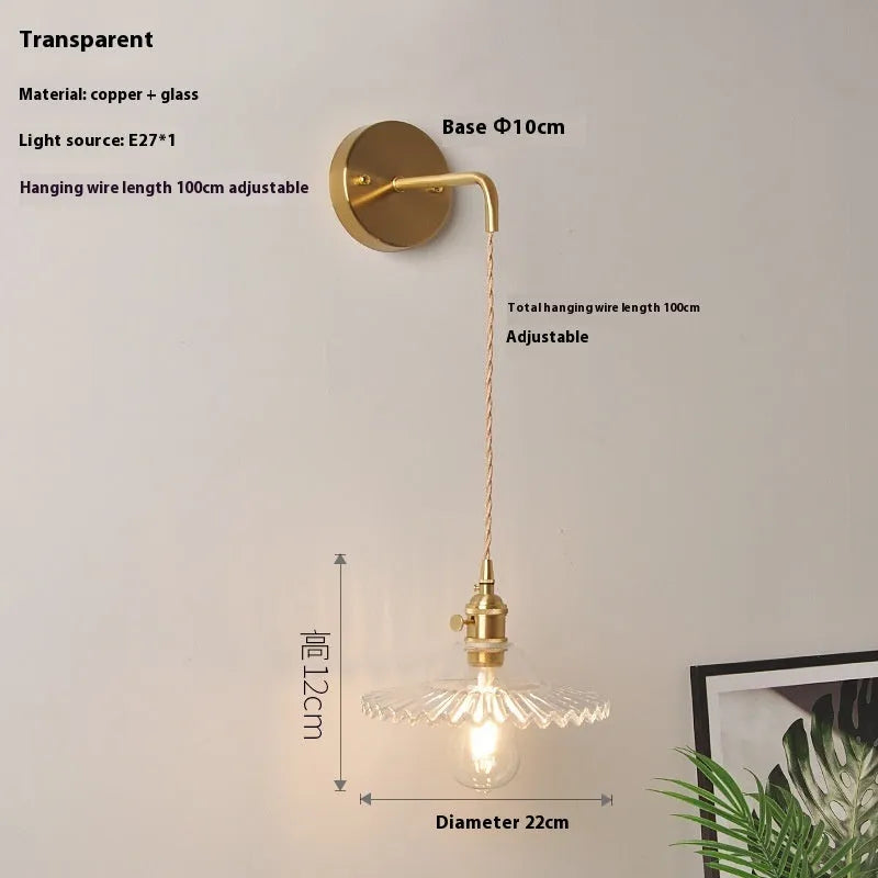 Retro brass lotus wall lamp with glass shade in various colour options