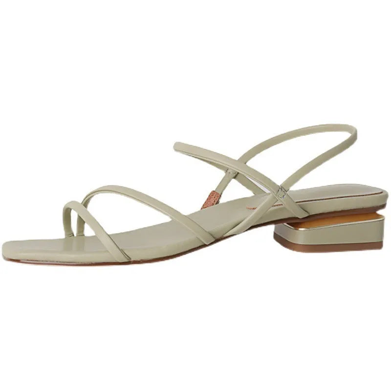 Women's flat strap open-toe Roman sandals in microfiber with a square toe, shown in beige, green and white.