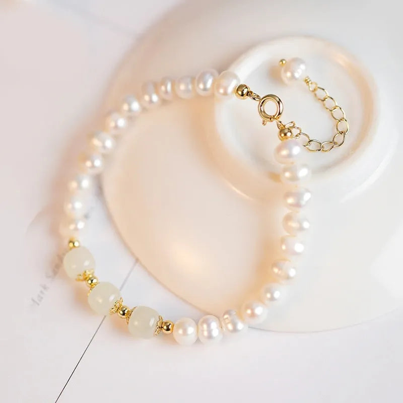 Diamond-shaped freshwater pearl bracelet with electroplated Hetian jade colour in deep or light tone options