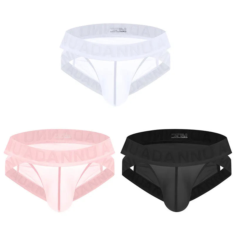 Single-layer see-through nylon mesh low-waist men's underwear briefs in solid colour