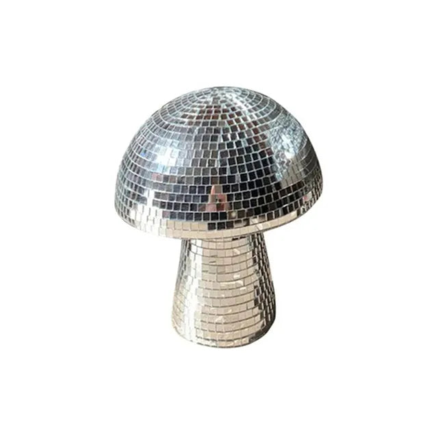 Handmade glass mushroom disco ball ornament with mirror brick upholstery in silver finish small size