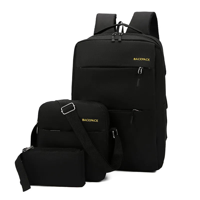 Men's USB charging casual computer bag three-piece set in black nylon with internal compartments