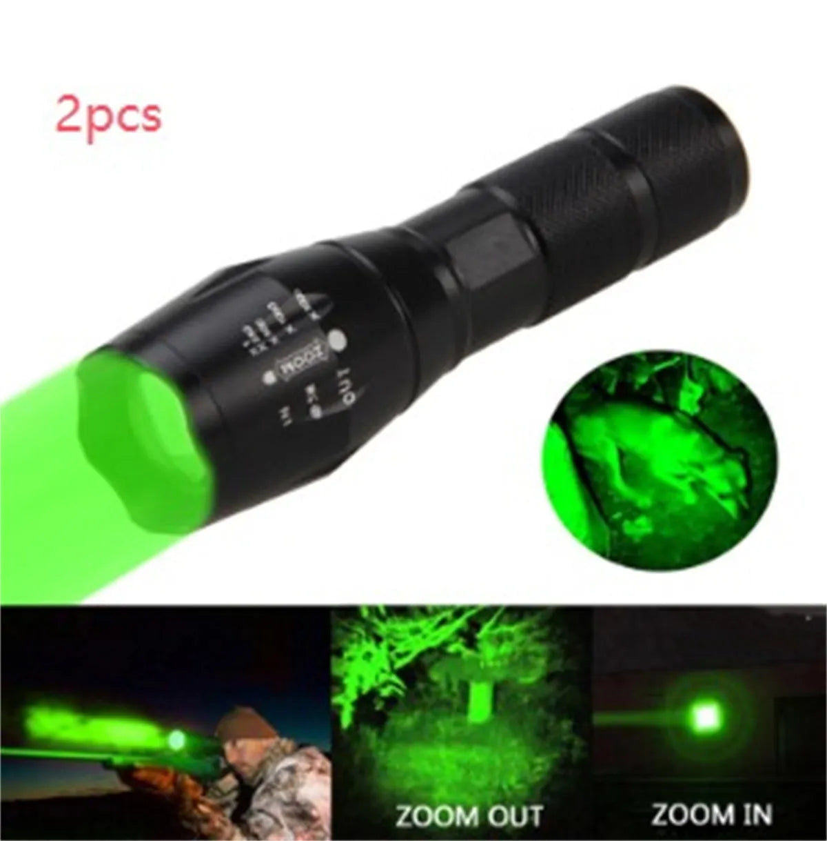 Black aluminium alloy zoomable focus LED torch with antiskid grip on a textured surface.