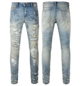 Men's patch slimming perforated leggings in light blue denim cotton, shown on model, multiple sizes available