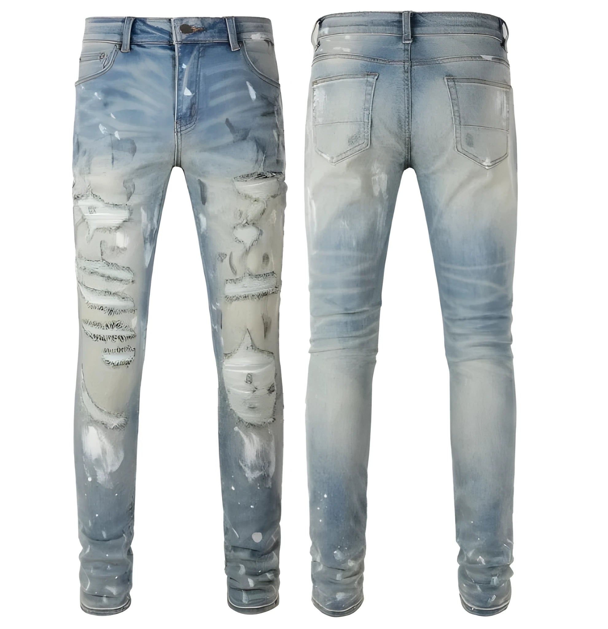 Men's patch slimming perforated leggings in light blue denim cotton, shown on model, multiple sizes available