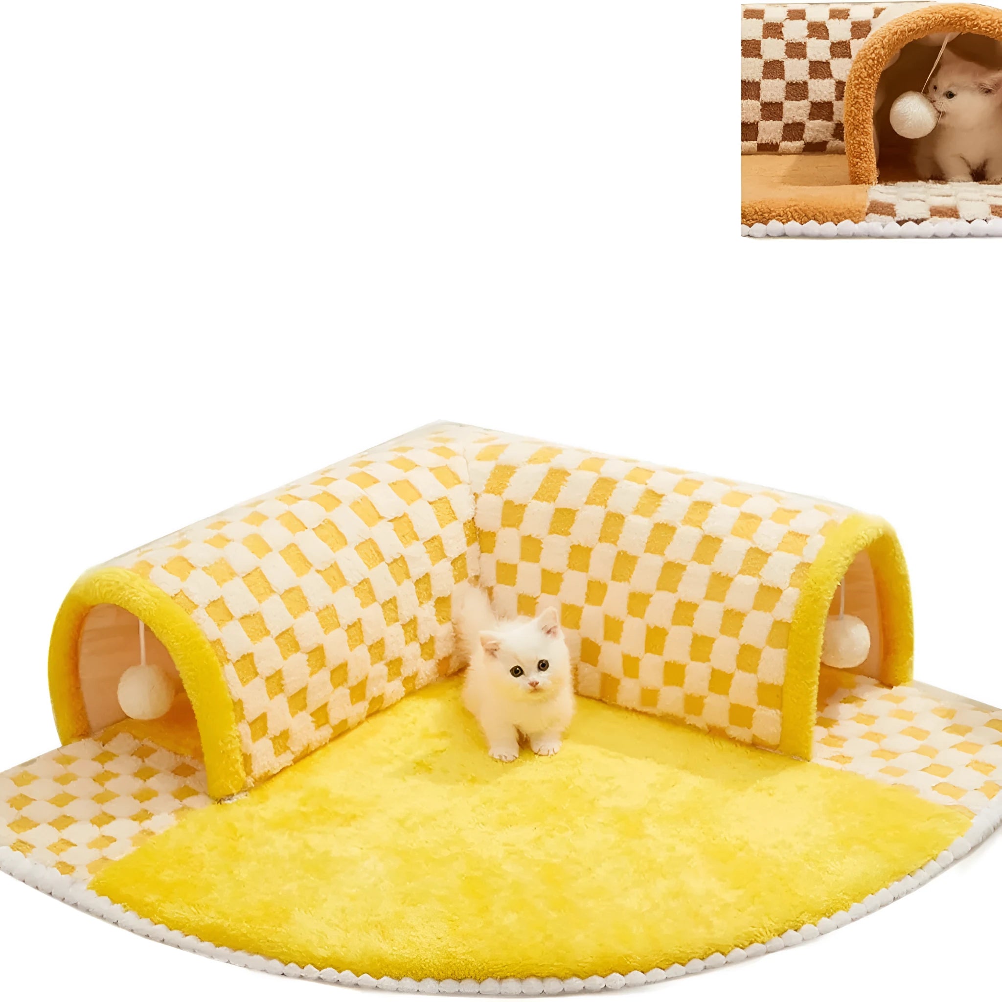Plush plaid cat tunnel bed with non-slip bottom and central mat for indoor cats