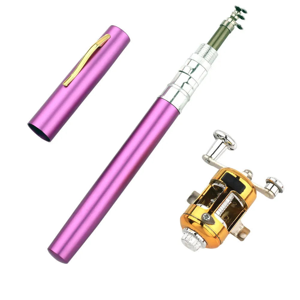 Portable telescopic fishing rod kit with gold reel and aluminium case, extended to 1m and collapsed to 20.5cm.