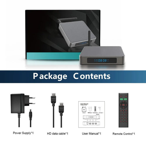 Android 8K streaming media player set-top box with remote control and cables