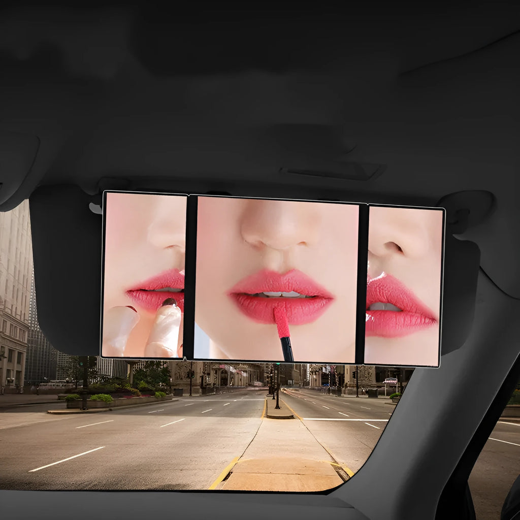 Silver folding car makeup mirror shown both closed and open on a car visor.