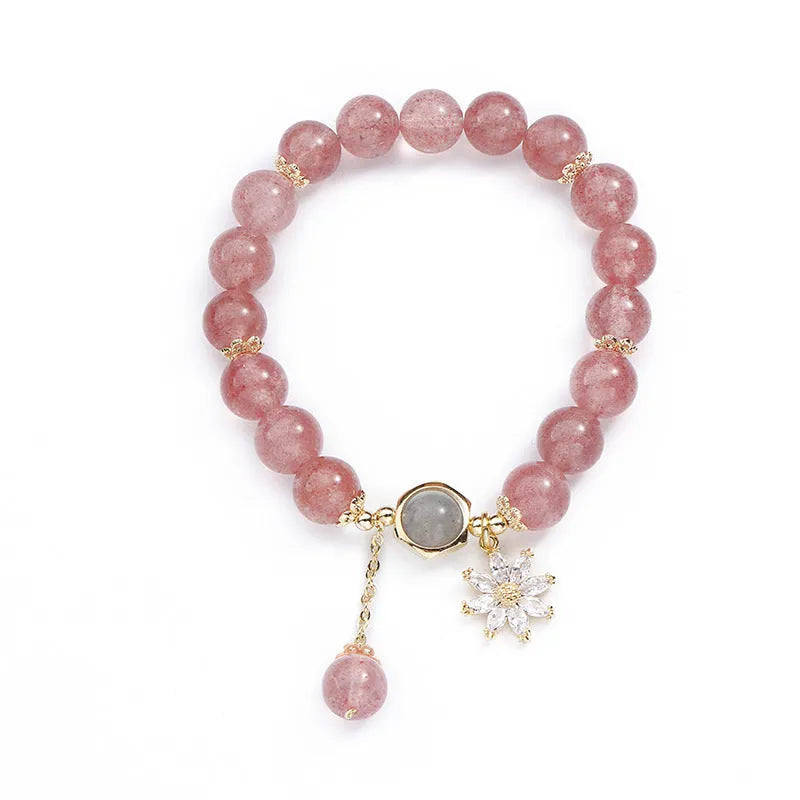 Natural strawberry quartz Mori-style bracelet with floral details on electroplated metal