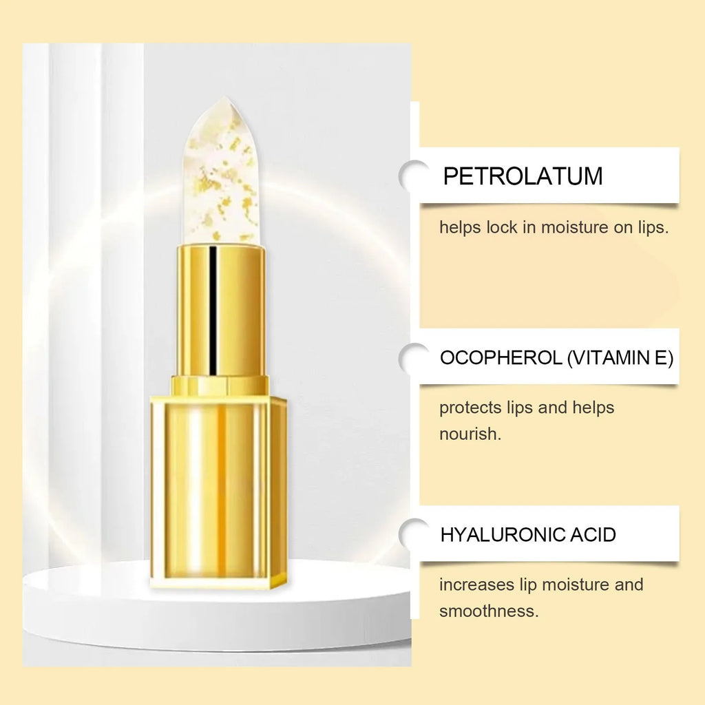 Gold foil discolorating nourishing lipstick in a sleek case, 3.5g net content.
