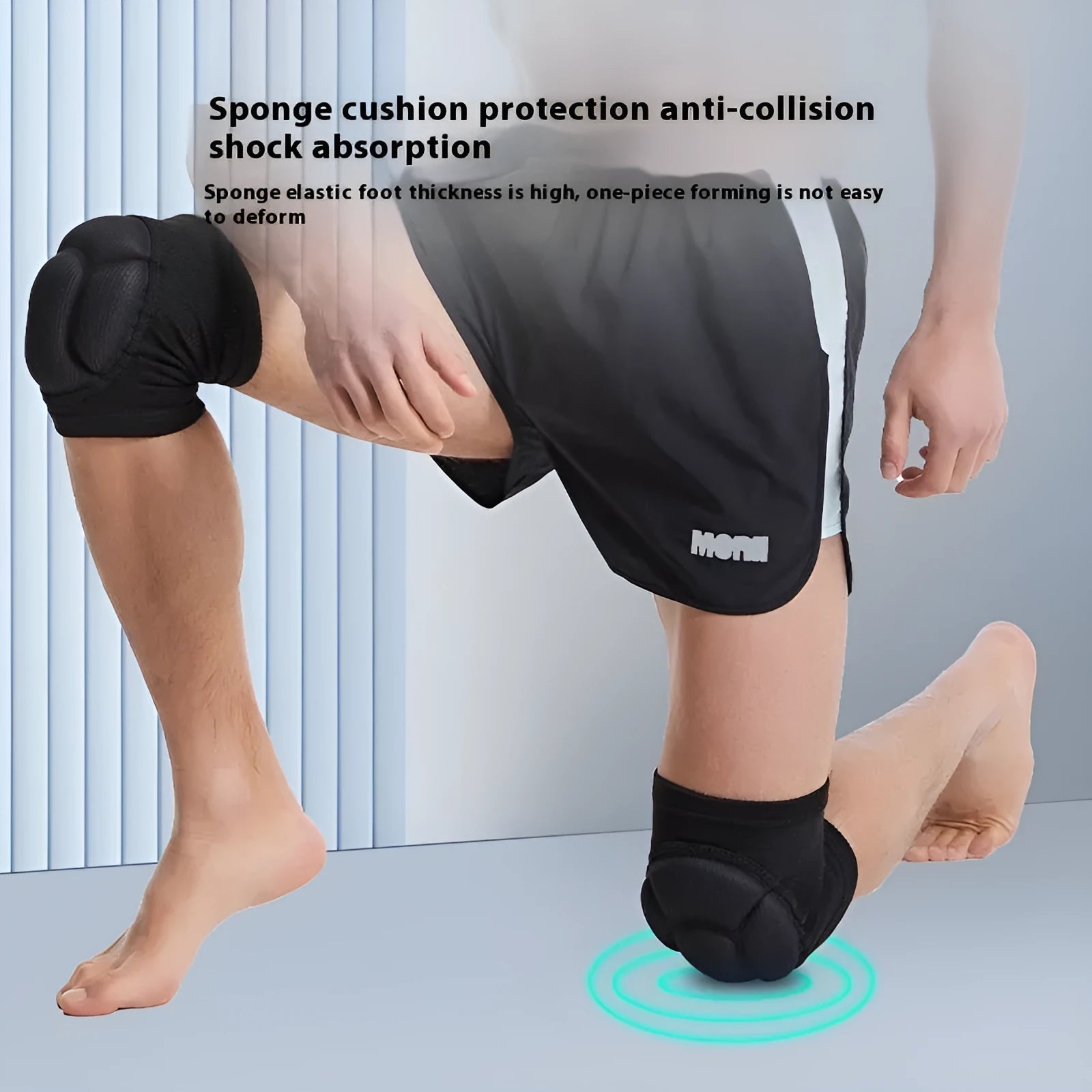Pair of black thick sponge kneepads for dance and volleyball on a plain background