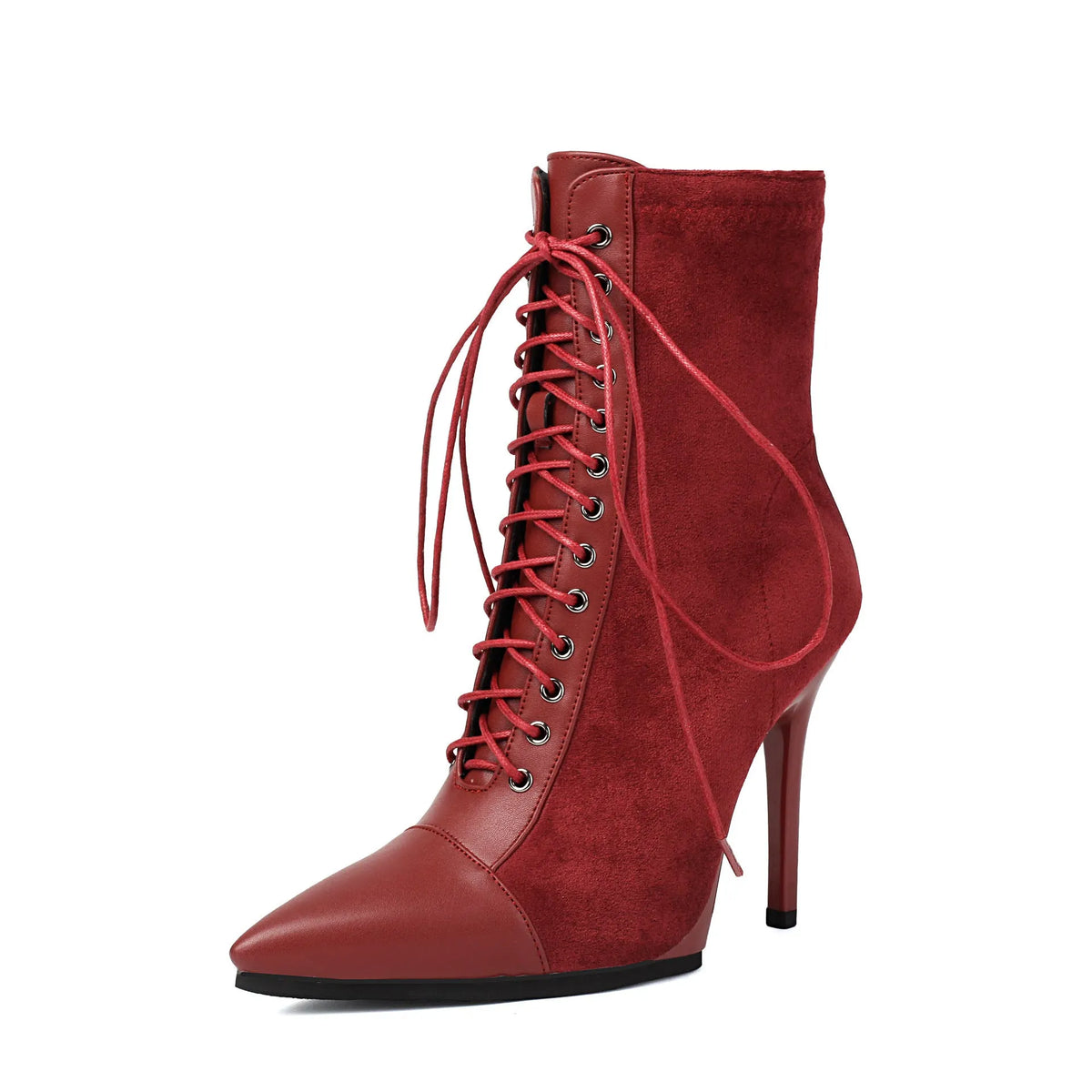 Women's suede pointed toe ankle boots with stiletto heel, back zip, and drawstring patchwork detail in black, brown, or wine red.
