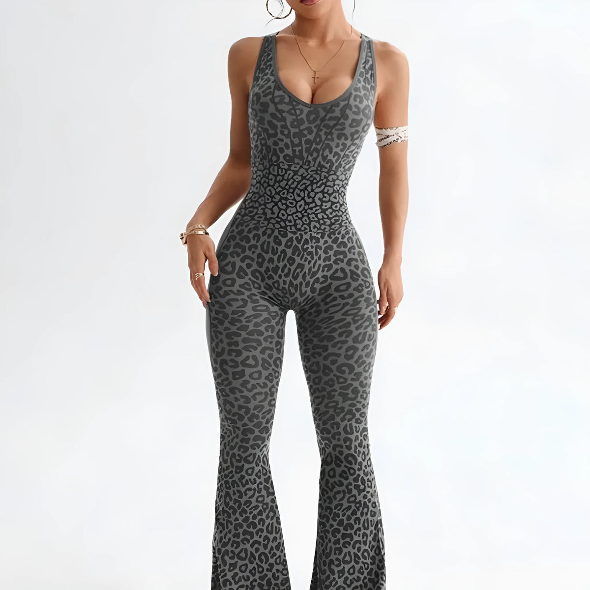 Women's leopard print sports jumpsuit with cross beauty back, available in black gray, brown, pink, purple