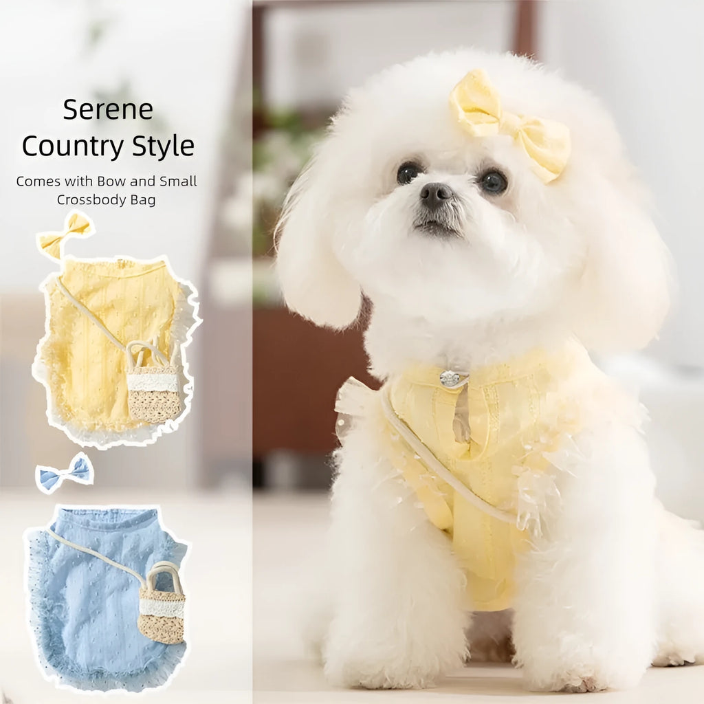 Two-tone sleeveless pet outfit in yellow or blue with ruffles, matching bow and small woven crossbody bag.