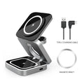 Three-in-one desktop wireless charging bracket showing iPhone, Samsung phone, and Pixel Watch charging simultaneously