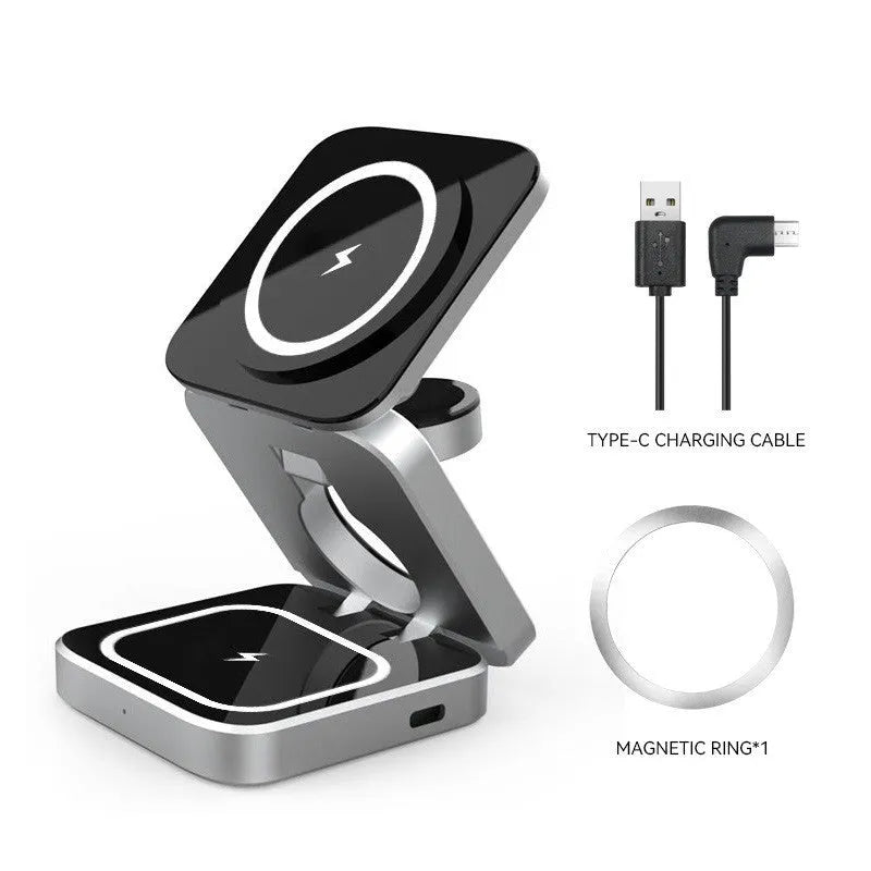 Three-in-one desktop wireless charging bracket showing iPhone, Samsung phone, and Pixel Watch charging simultaneously